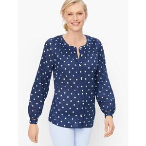 Talbots Top Stitched Cotton Blouse Classic Preppy Button Front Women Navy Large